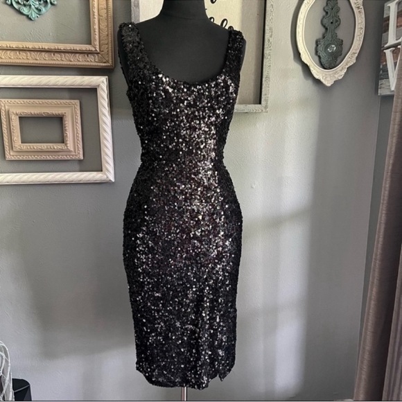 French Connection Sequin Midi Dress in Black Hologram - Picture 3 of 11
